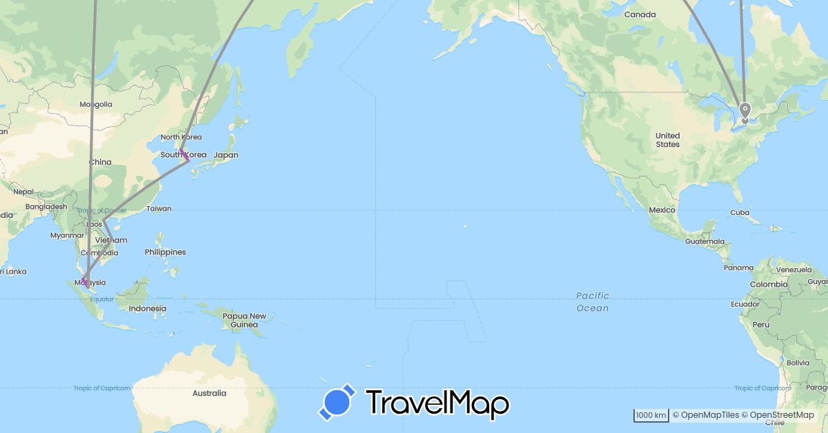 TravelMap itinerary: driving, plane, train in Canada, South Korea, Malaysia, Vietnam (Asia, North America)